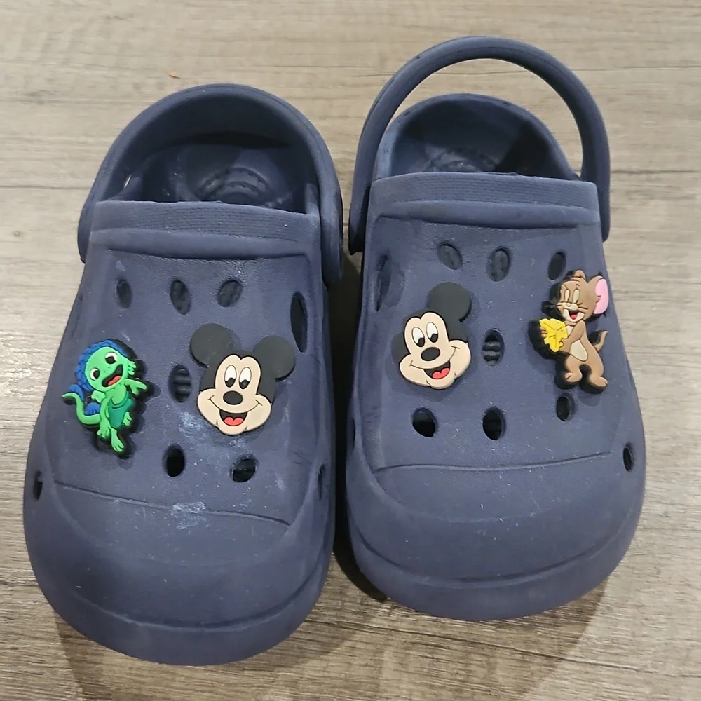 Kids Navy Blue Clogs with Cartoon Charms size 9